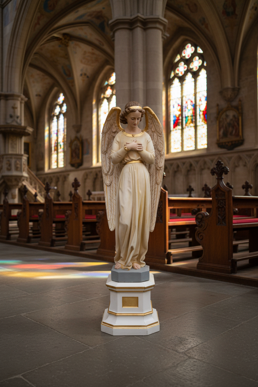 Ange en plâtre polychrome sur piédestal – début XXe siècle