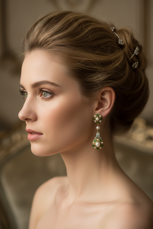 Boucles d'oreilles perles émeraudes diamants — circa 1900