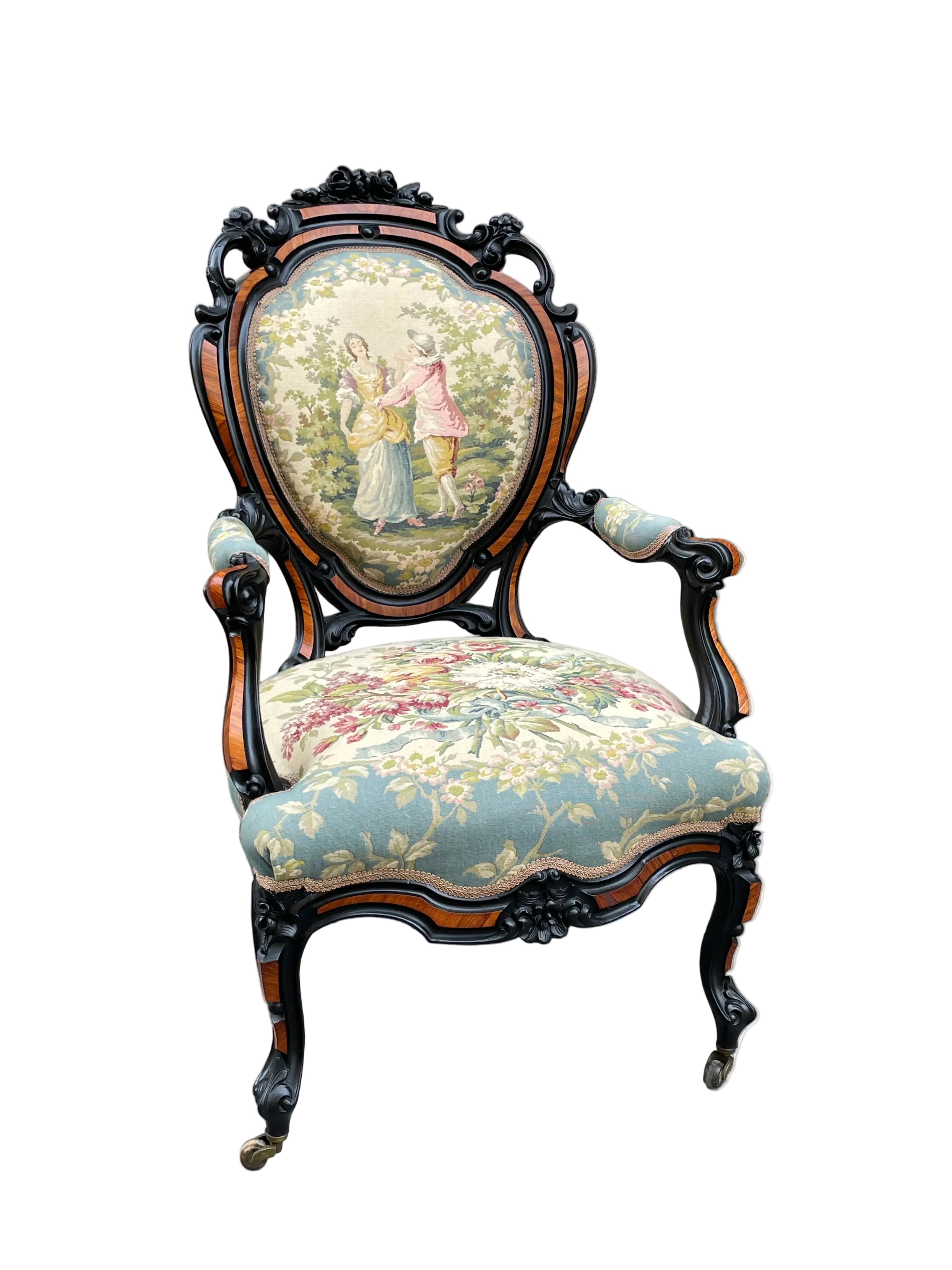 Fauteuil victorien en bois marquetté